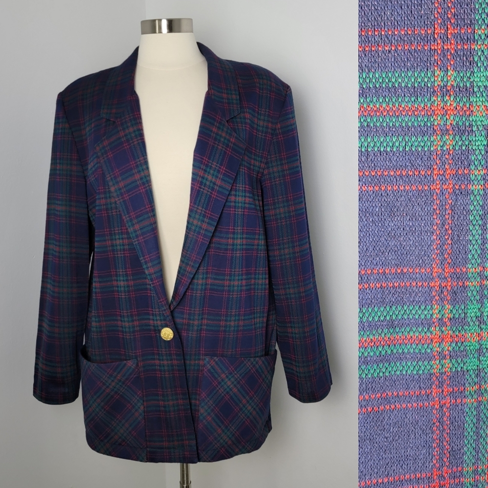 Vintage Red Green Navy Tartan Plaid Boxy Oversized Blazer Size 14